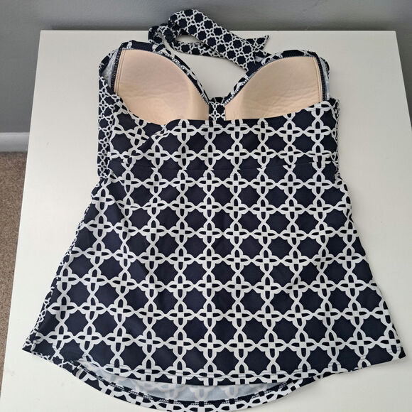 Merona Navy White Patterned Halter Shirred Tankini Swim Top Women's Medium - Picture 2 of 5